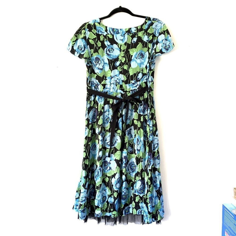 Free People Size 12 Floral Silk Flare Tulle Midi Dress Tie Back V-Neck - Picture 9 of 9